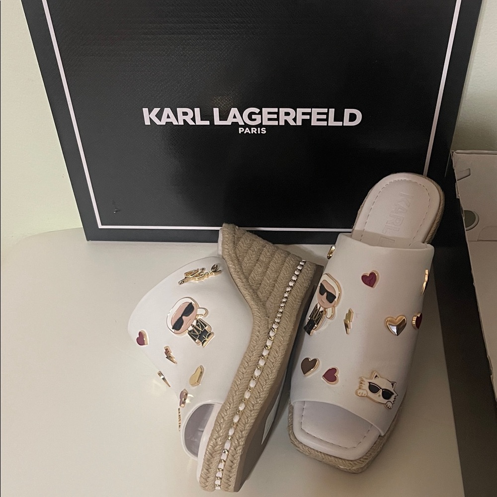 Karl Lagerfeld White Espadrille Slides with Fun Embellishments